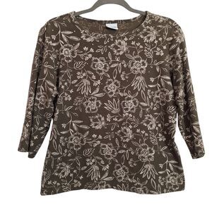 Columbia Floral Top 3/4 Sleeve Rhinestone Cotton Olive Large Womens
